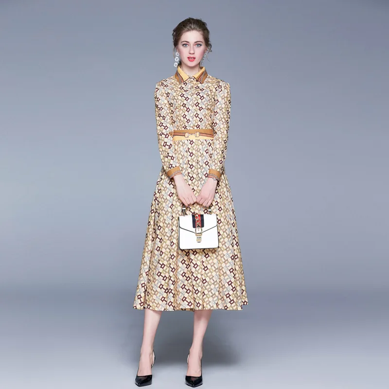 

Europe And America WOMEN'S Dress Fold-down Collar Yellow Floral Printed Dress Mid-length Simple Hem Pleated Skirt Hot Selling