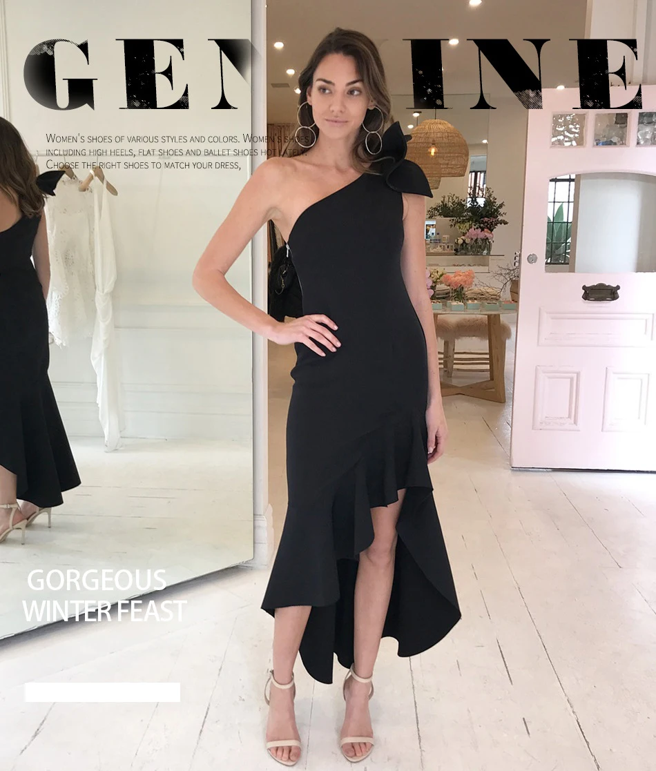 Новинка, летнее женское платье миди, вечерние платья знаменитостей, Vestido, сексуальное черное платье на одно плечо, без рукавов, с оборками, с бантом, Клубное платье русалки