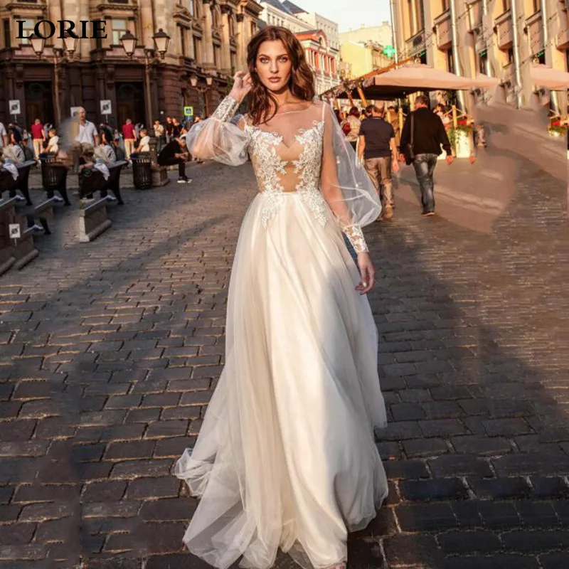 

LORIE Princess Wedding Dress 2021 A Line Puff Sleeves Lace Bridal Gowns Open V Back Princess Boho Wedding Gown Plus Size