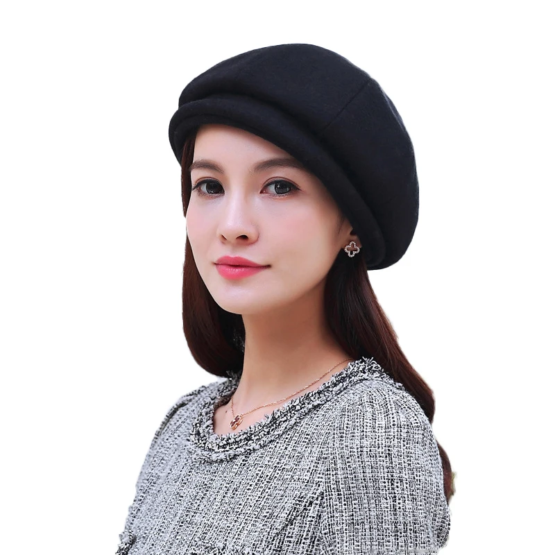 Black FS Wool Women Autumn Winter Pink Octagonal Cap For Ladies Stylish Artist Painter Newsboy Caps Grils Black Pink Beret Caps - Цвет: Black