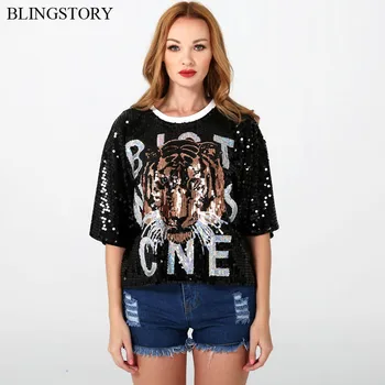 

Sequined Tops Bling Bling Sequin Lady Short Sleeve Embroidery Tiger T Shirt Women Drop-shipping