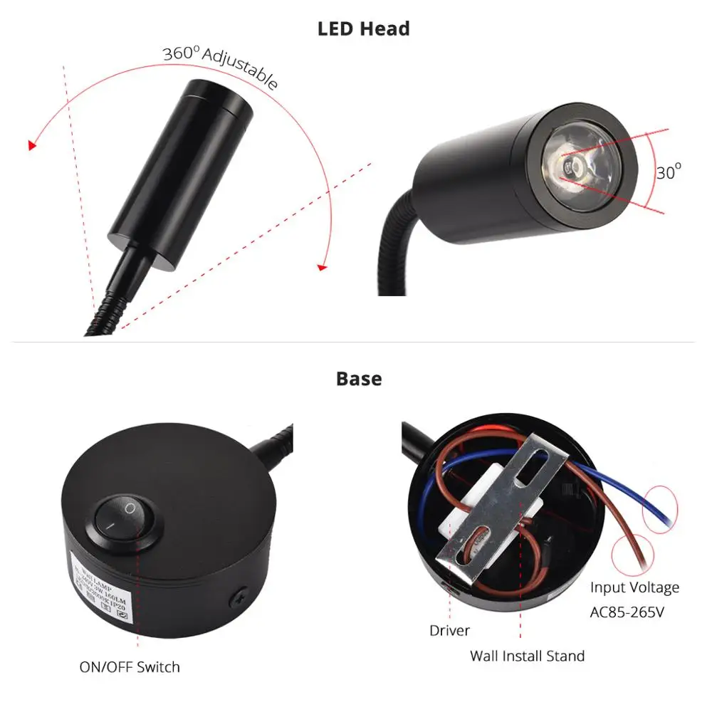  LED Wall lamp 3W Modern Bedroom Bedside Reading Study Book Lamp Black Silver Light Body wall light  - 32800550610