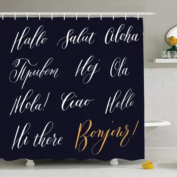 

Shower Curtain Set with Hooks 72x78 Hand English Drawn Hello Greeting Expressions Lettering Different Abstract Danish Objects