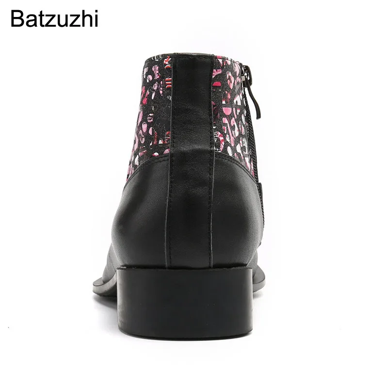 Batzuzhi Fashion Personality Men's Ankle Boots Genuine Leather Pointed Metal Toe Zip Black Color Leather Motorcycle/Party Botas