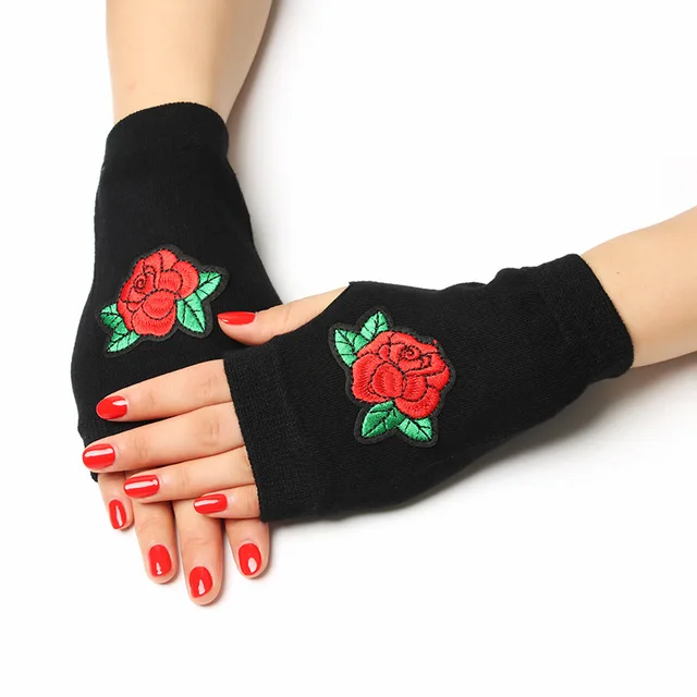 Sailor dance gloves Rivet wool gloves spring and autumn black half-finger gloves show gloves roses-A
