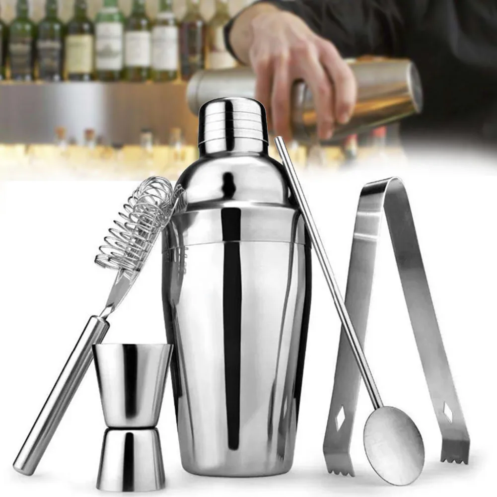 5Pcs Bartender Tool Stainless Steel Cocktail Mixer Shaker Set Accessories Professional Browser Hand Bar Kit Kitchen Drink 550ML