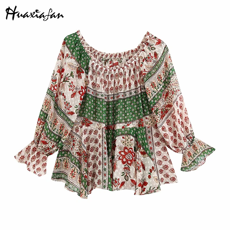 

Huaxiafan Colorblock Print Blouses Vintage Elastic Neck Long Sleeve Ruffled Cuffs Female Shirts Women Blusa Prairie Chic Tops