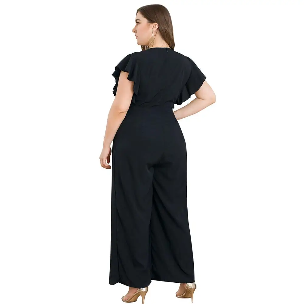 Плюс XL-4XL Женские повседневные Комбинезоны с v-образным вырезом и оборками на талии сиамские брюки Широкие брюки Офисная Рабочая Деловая одежда больших размеров