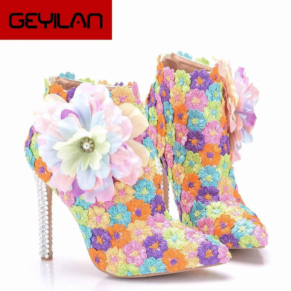 

Womens Colorful Flower Boots High Heel Shoes Winter Pointed Toe Ankle Boot High Quality Ladies Lace Wedding Boots Botas Mujer