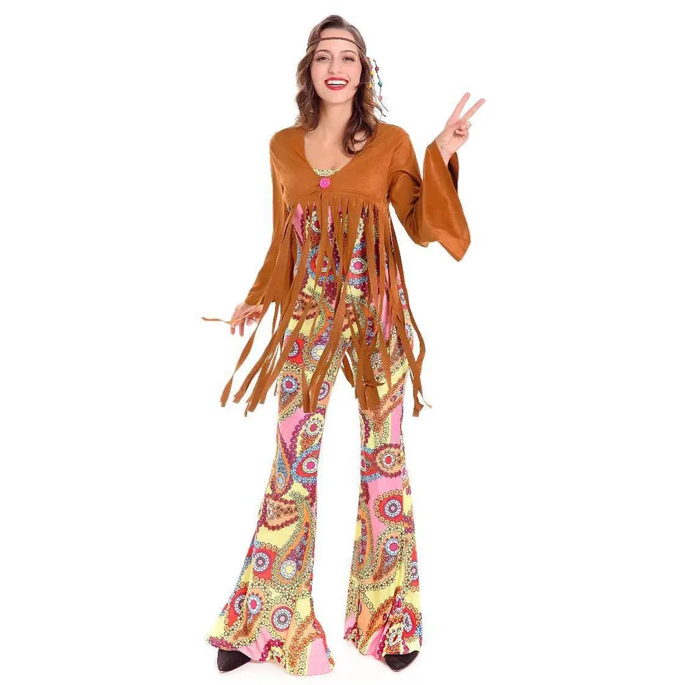 Ladies Woodstock Hippie Chick Costume 60s 70s Groovy Hippy Womens Fancy Dress 
