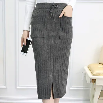 

Women Long Bag Hip Skirt Autumn Winter Casual Knitted Skirt Split High Waist Skirt