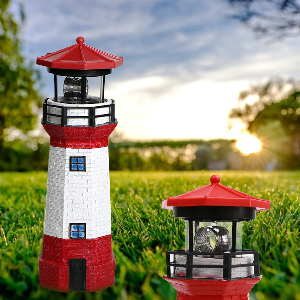 Lighthouse Solar LED Light Outdoor Garden Yard Rotating Beam Sensor Beacon Lamp