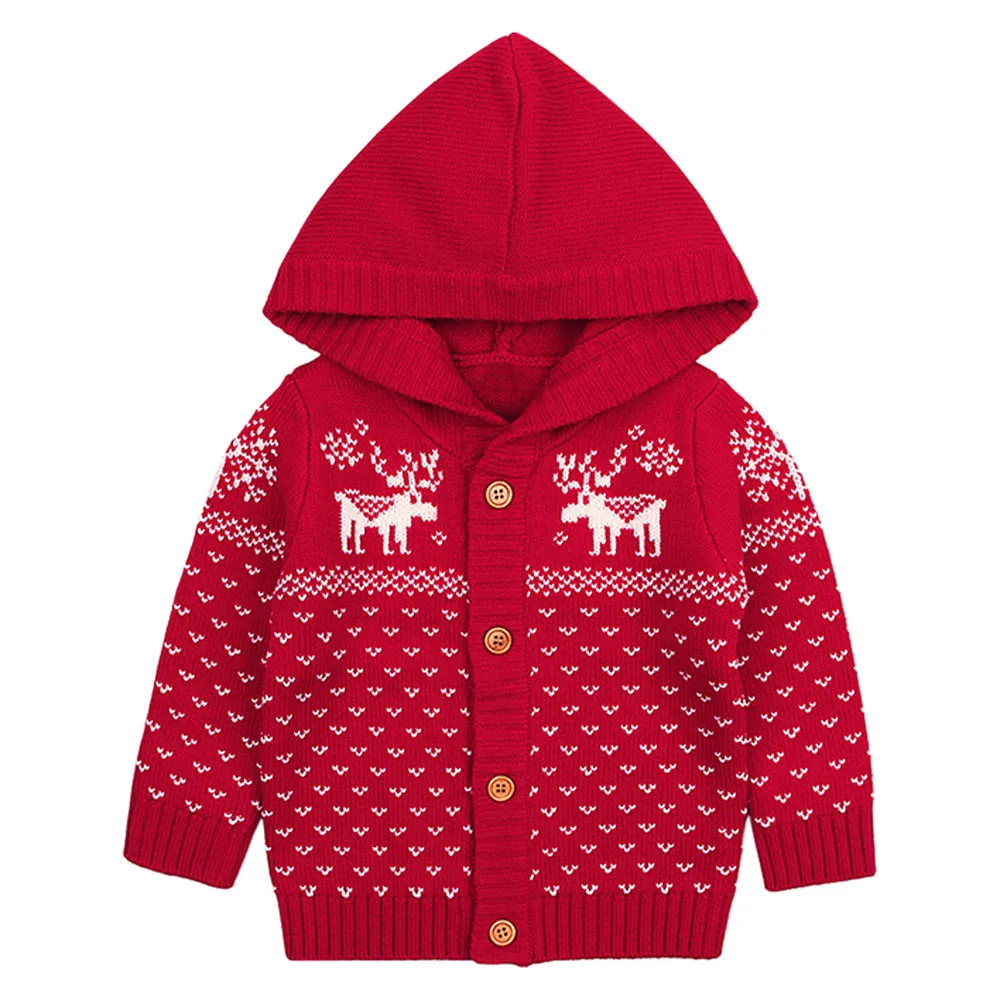 Детские вязаные топы с капюшоном и рождественским оленем для новорожденных мальчиков и девочек, зимние теплые модные повседневные пальто
