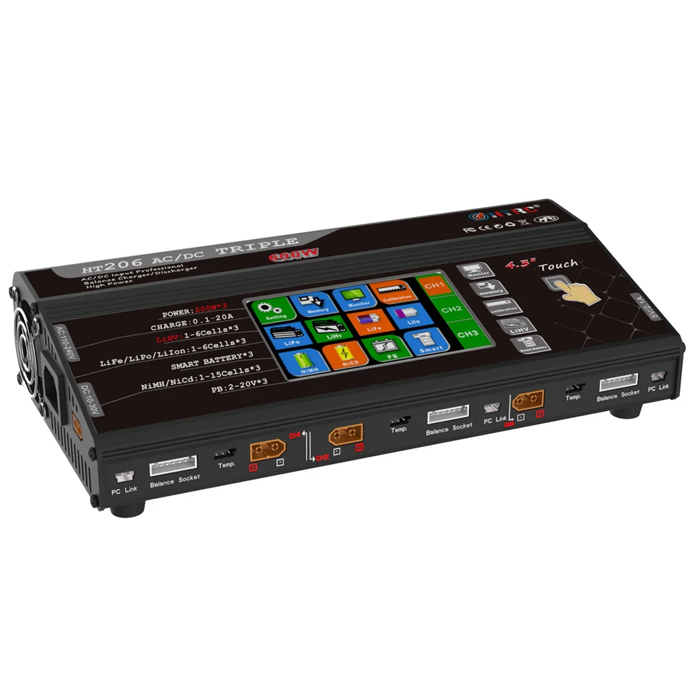 

HT206 TRI RC Balance Charger AC/DC 200W*3 20A*3 Triple Port 4.3" Color LCD Touch Screen for Lilon/LiPo/LiFe/LiHV Battery