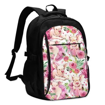 

Bags School Bags For Boy Girl TeenagerCute Pig Watercolor USB Charge Computer Laptop Back Pack