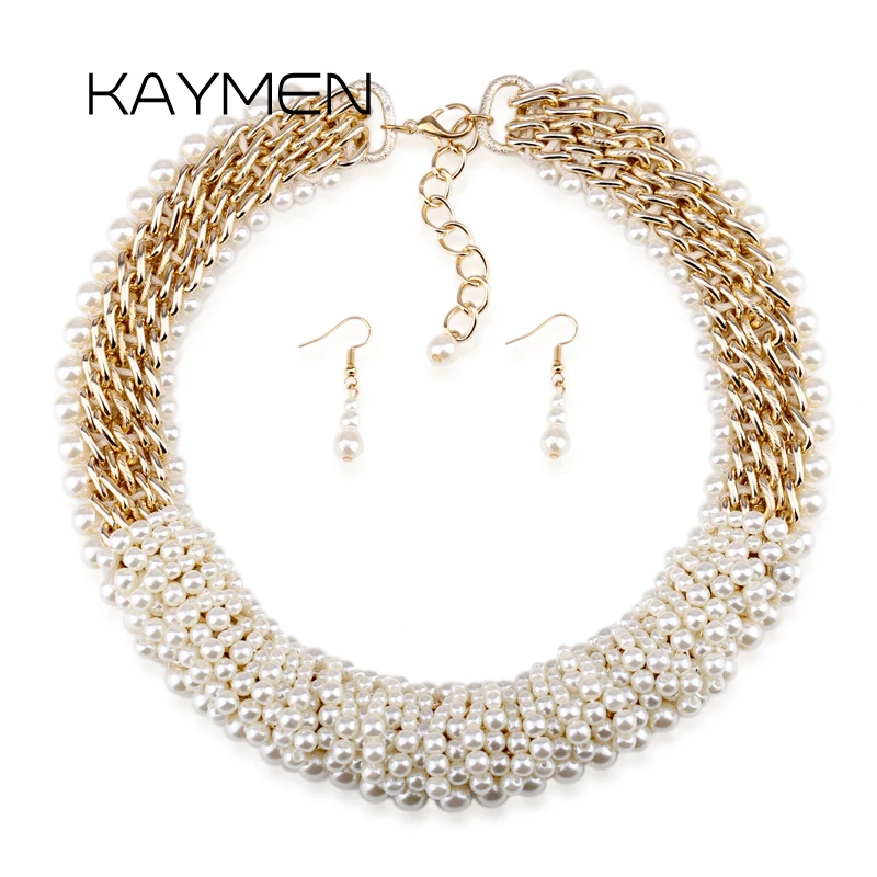 

KAYMEN New Bohemian Handmade Pearls Statement Chokers Necklace Gold Plating Chains Necklace for Women Party Jewelry Sets