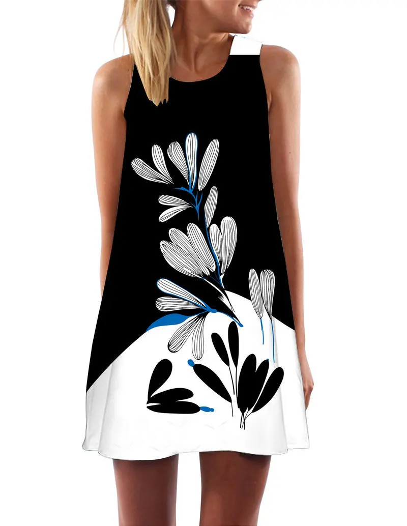 

2019 Trend Europe And America-Style 3D Digital Printing Black And White Printing Elegant OL Dress Camisole Ladies'