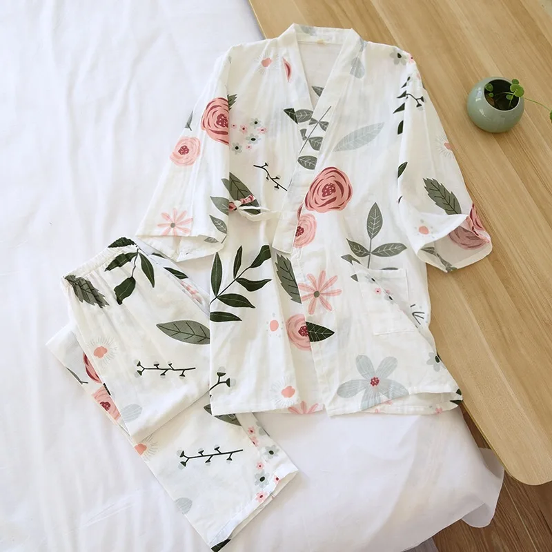 Women Pajamas Set Rose Printed Ladies Kimono Style Loose Thin V-Neck Three-Quarter Sleeves Gauze Cotton 2Pcs Sleepwear Loose Homewear women pajamas set women pajama suit