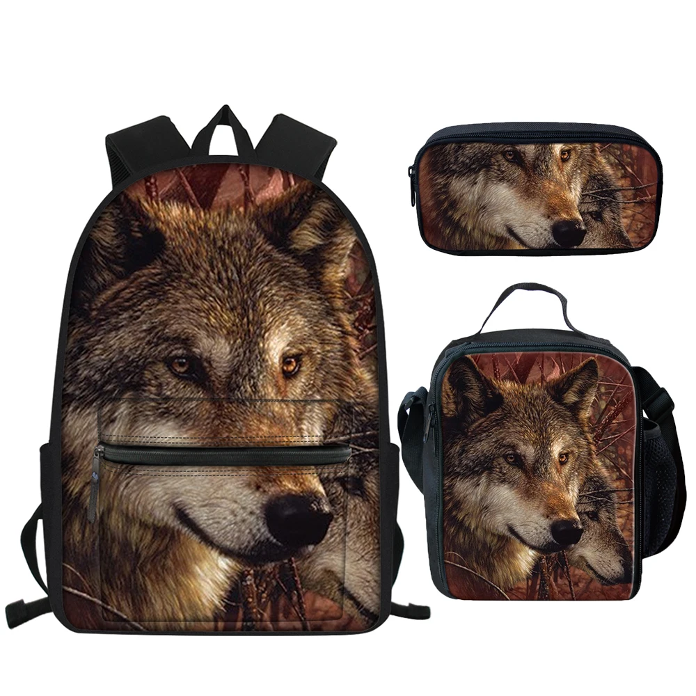 3Pcs/Set School Backpack for Boy Cool 3D Wild Animal Print Pencil Bag set Brown/black Wolf Bookbags Polyester Bag