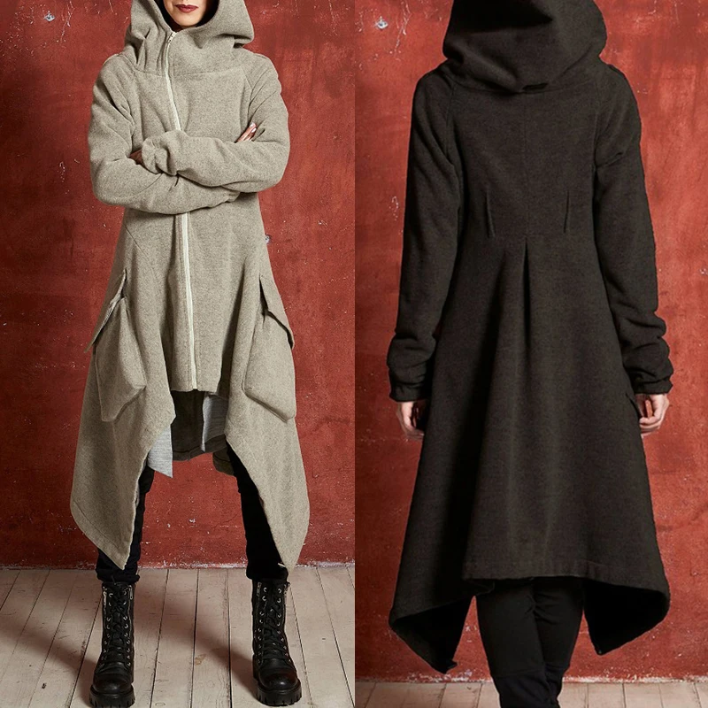 Зимнее Новое модное Асимметричное пальто, женское теплое пальто с капюшоном и длинным рукавом, верхняя одежда, однотонное длинное пальто