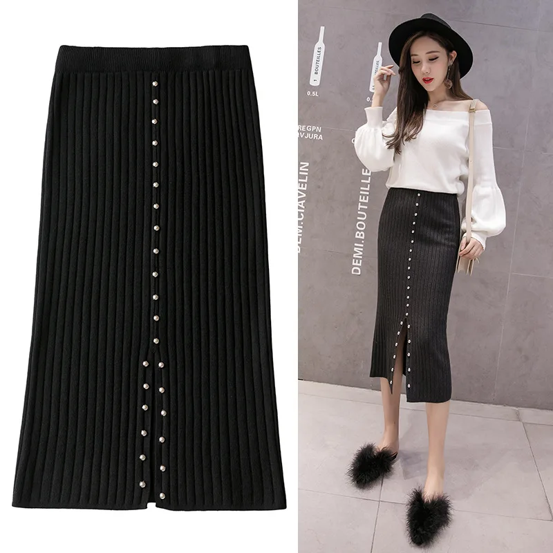 

2018 Autumn And Winter Elasticity Knitted Sweater Skirt Women's Core-Spun Yarn Rivet Slit-Front Mid-length Base One-step Skirt