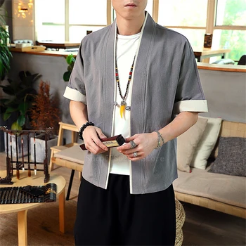 

Japanese Fashion Samurai Costume Kimono Cardigan Solid Color Cotton Linen Harajuku Shirts Men Top Jackets Coat Casual Streetwear