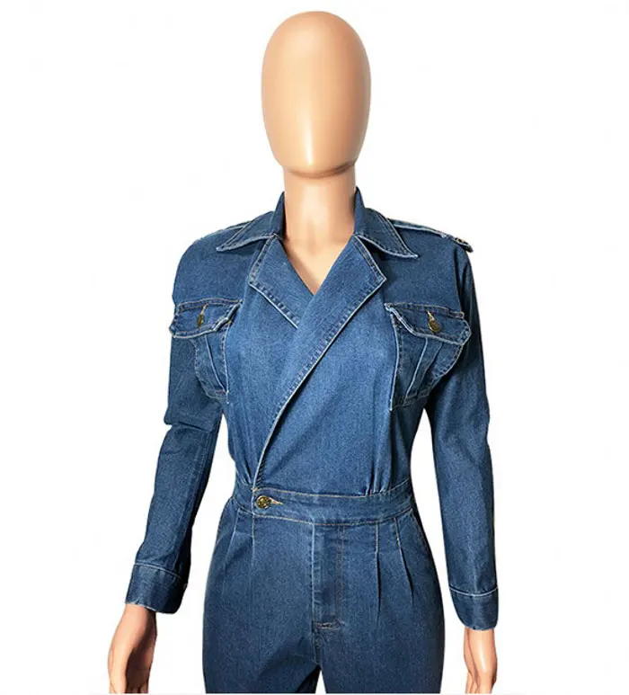 Women Denim Jumpsuit Ladies Long Sleeve Jeans Rompers Female Casual Plus Size Denim Overall Playsuit With Pocket