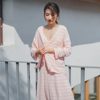 

Women's Summer Cotton Long-Sleeved Pajamas Sexy Cute 2-Piece Women Pijamas Dress Striped Sleepwear Set Leisure Nightdress