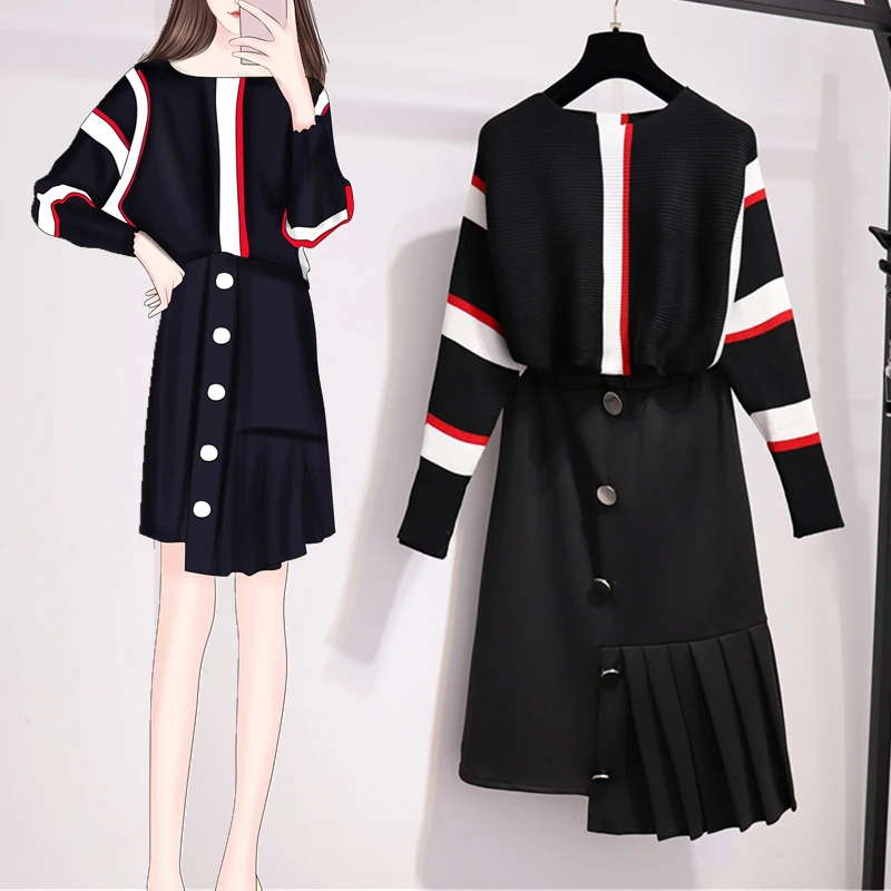 

2019 Autumn Winter Women Elegant Striped Knitted Pullover Sweater+button Elastic Waist Irregular Black Midi Skirt Suit 2pcs Set