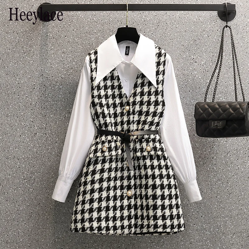 

Office Ladies Autumn Elegant Two Piece Set Korean Long Sleeve White Blouse And Plaid Tweed Vest Dresses Suits