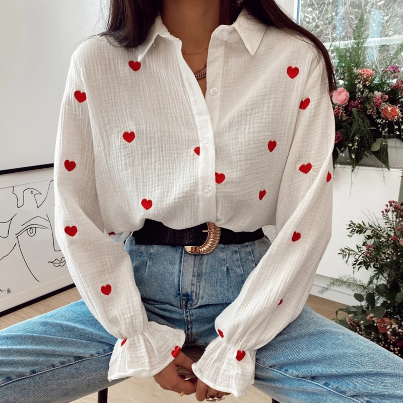 Woman Blouse 2023 New Casual Collar Blouses Women Elegant Long Sleeve Shirts with hearts Red blouse Heart  Tops