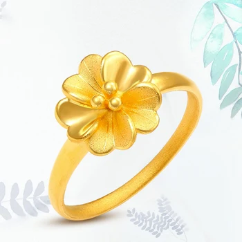 

1PCS Real Pure 24K Yellow Gold 3D Charm Flower Ring Band Women Girl Thin Ring US 5-8