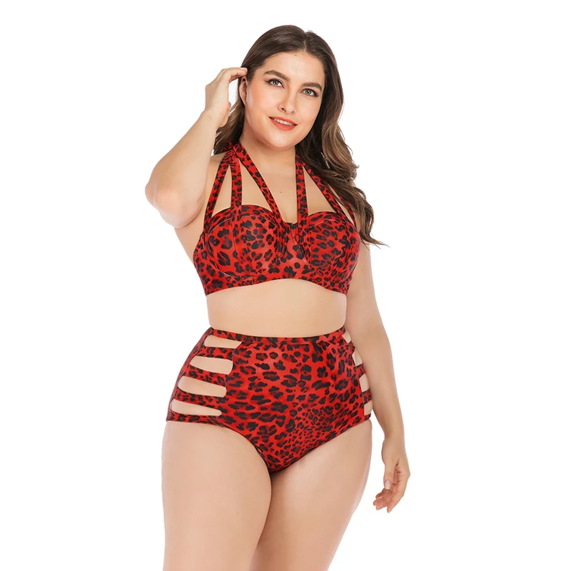 

Women Tankini Leopard Printed Halter Top High Waist Hollow-out Bikini Swimwear Lady Underwire Padded Bra Plus Size SwimsuitBeach