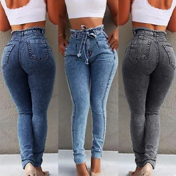 

High Waist Jeans for Women Slim Stretch Denim Belt Bandage Skinny Push Up Sexy Slim Jeans Woman Sashes Button Full Length