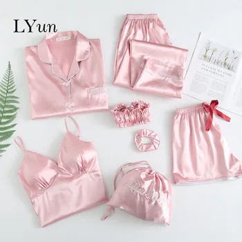 

Women's pajamas with chest pad solid color seven-piece suit Summer pajamas women's suspender pants shorts 7-piece set of silk
