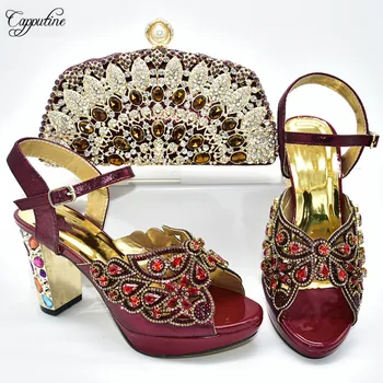 

Amazing wine wedding/party pump shoes and clutch bag set with crystal stones for lady 398-2 heel height 9.5cm