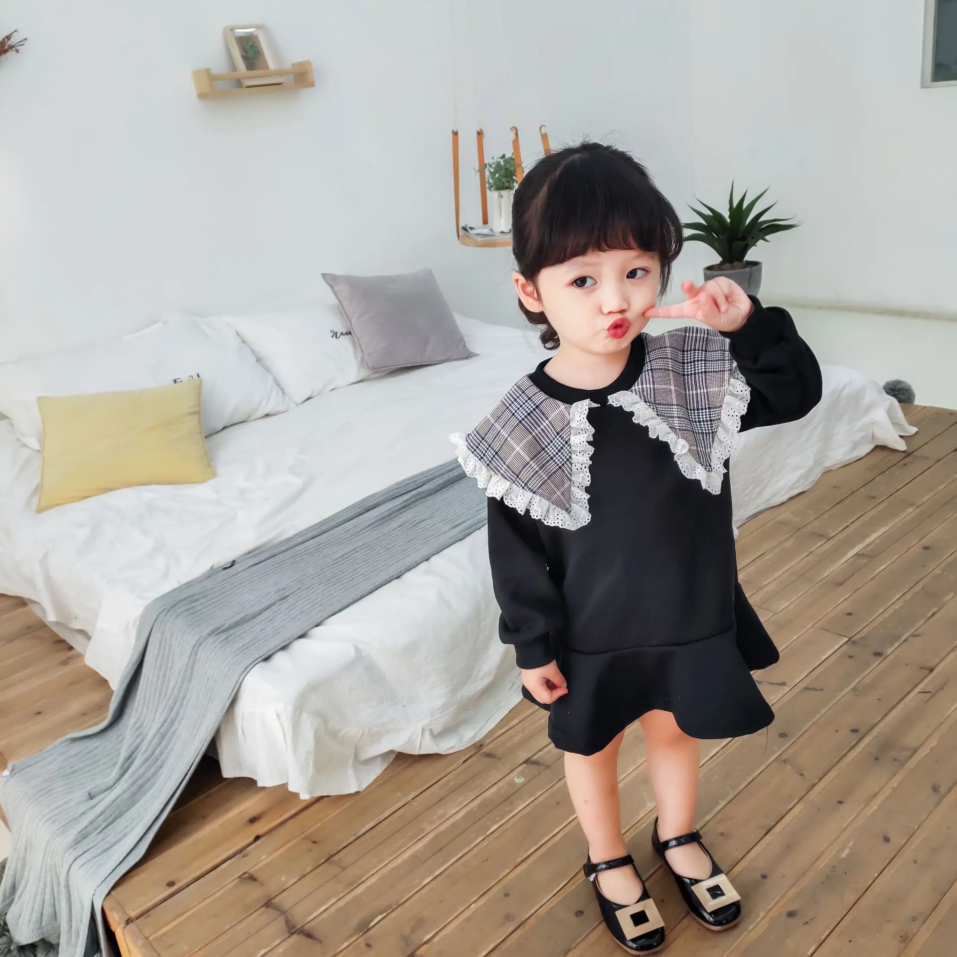 Новое весеннее милое детское платье с длинными рукавами и воротником в виде листьев лотоса для девочек детское платье для отдыха платье с оборками для малышей