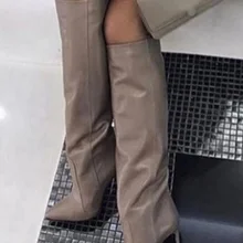 Sexy Gray Leather Knee High Boots Stiletto Heels Pointed Toe Women Tall Boots Slip-on High Heel Banquet Dress Shoes Big Size 10