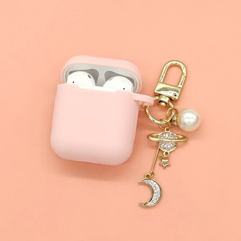Pink Чехол для Apple AirPods, роскошный силиконовый чехол для ключей с бриллиантами и луной, защитный чехол для наушников s, аксессуары, защита от потери - Color: Pink