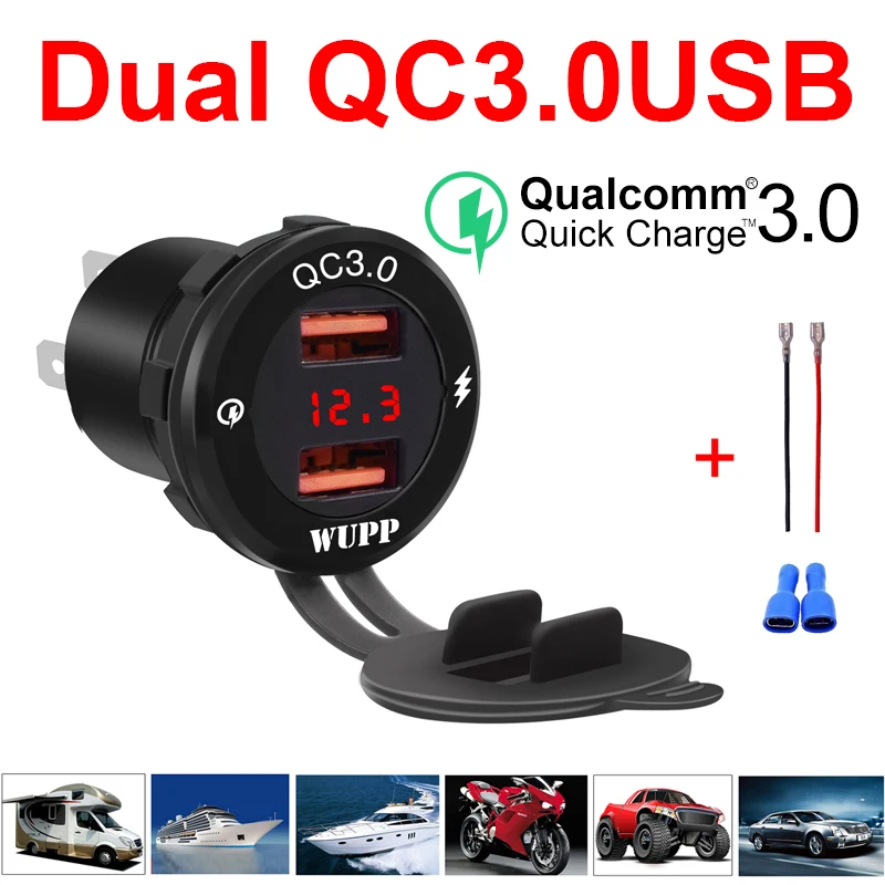 

Dual QC3.0 mobile phone charger car charger double fast charge car USB with digital display waterproof for car motorcycle yacht