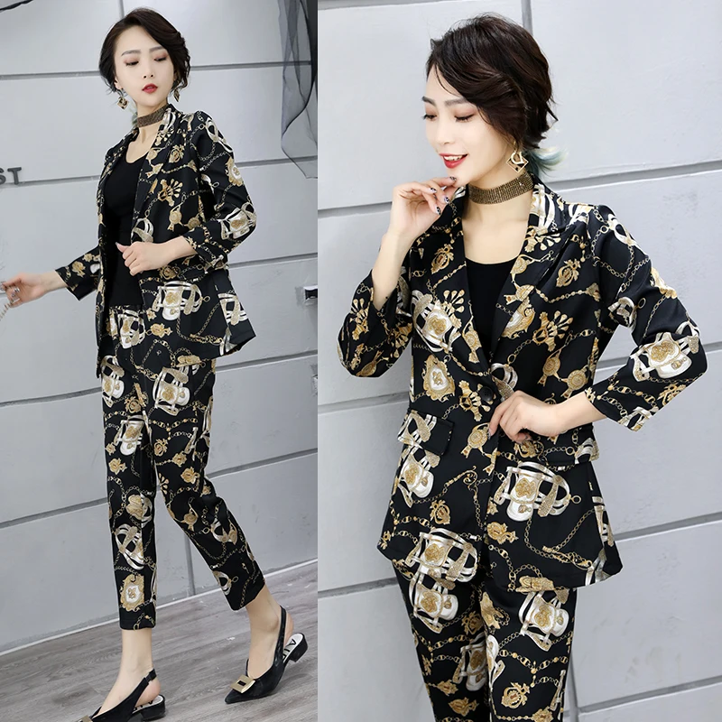 

2019 Spring New 2 Pieces Sets Women's Sets Elegant OL Print Blazer And Trousers Fashion Suit Female Outfits Plus Size M-4XL