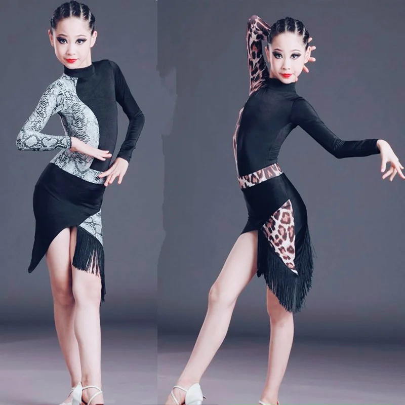 

Dance Costumes for Girls 2021 New Latin Dress Tassel Skirt Short Long Sleeve Leopard Print Team Stage Competition Performance