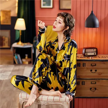 

Caiyier Summer 2020 New Sexy Silk Satin Pajamas Set Long Sleeve Sleepwear Palm Leaf Print Nightwear Korean Sweet Women Homewear