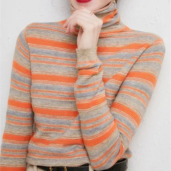 

Stretch Women Sweaters Turtleneck 2020 Rainbow Sweater Striped Pullover Knitted Winter Wool Oversized Clothes Plus Size S- XXL