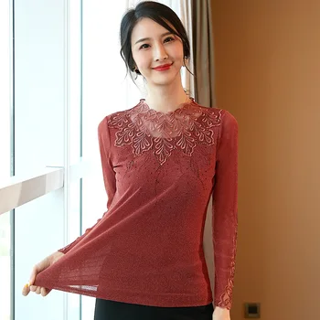 

New solid color ruffled collar diamond long-sleeved embroidered T-shirt women gray