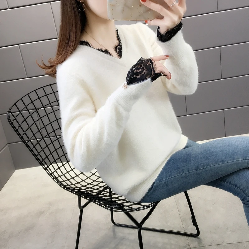 OHCLOTHING 15428 зал, строка 1, № 3] так же, как показано на изображении из-новая норковая как кружевное платье с v-образным вырезом; Сращивание трикотажа 55