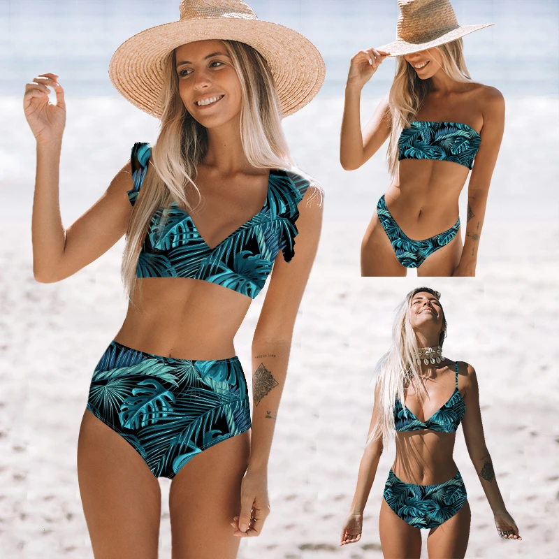 

Sexy High Waist Swimwear Women Floral Ruffle Swimsuit Print Solid Bikini Set Tube Top Beachwear Summer Bathing Suit Bikinis 2020
