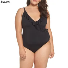 Bunvel, новинка, Одноцветный Купальник для женщин, цельный, с рюшами, пуш-ап, монокини, летний, большой размер, купальники, пляжная одежда