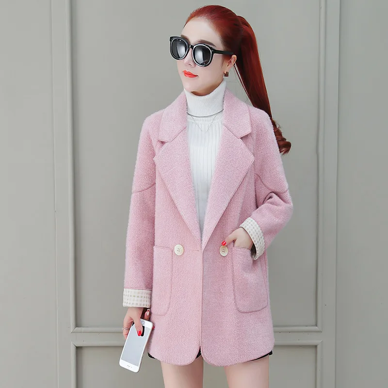 Pink Женское однотонное Фланелевое пальто Новое корейское зимнее модное двубортное длинное пальто с отложным воротником и карманами - Цвет: Pink