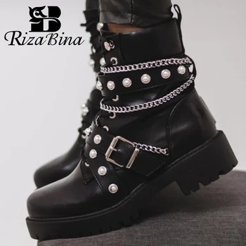 

RIZABINA New Woman Ankle Boots Metal Chain Rivets Winter Shoes Women Fashion Cool Short Boots Punk Club Footwear Size 36-41